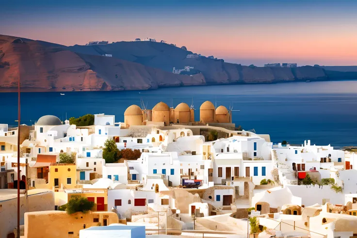 alafed view of town with water body in background, whitewashed buildings, greece, white buildings with red roofs, round building...