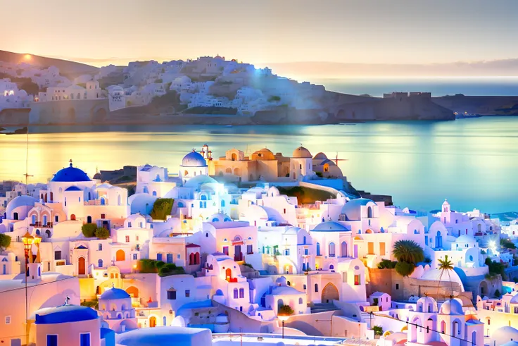 alafed view of town with water body in background, whitewashed buildings, greece, white buildings with red roofs, round building...