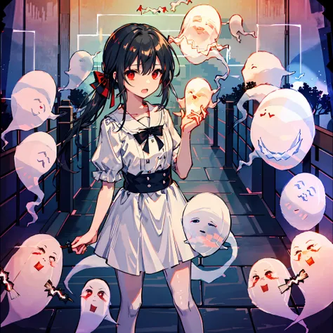 top-quality、masterpiece、hight resolution、ighly detailed、a 1 girl、cute little、animesque、Crystal clear white skin、Functional、Whole human body、a junior high school student、14years、(Hair color is black hair)、Hospital ruins、small tits、yandere、Horror、Manju Sosa...