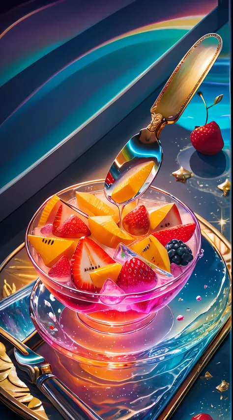 landscape: Sea, mountains, Palm trees, Beach, Magnificent sunrise, rainbow, Colorful, Faceted glass, crystal, mother-of-pearl shimmers, Multicolored, Different, Berry yogurt, CocktailWorld, scenery, landscape, Street, Depth of field , ((blurred background)...