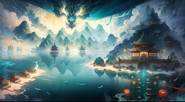 Chinese wind mountains and palaces,Sea Immortal Island, the ocean, Auspicious clouds, Pavilions, Fishing village port,rays of sunshine, tmasterpiece, super detailing, Epic composition, hyper HD, high qulity, extremely detaile, offcial art, 统一 8k 壁纸, super ...