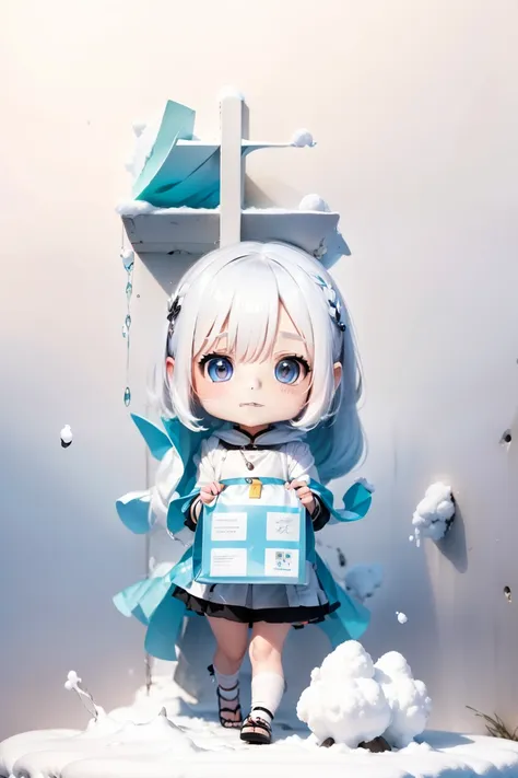 anime girl with white hair and blue eyes standing in snow, splash art anime loli, water color nendoroid, 4 k manga wallpaper, an...