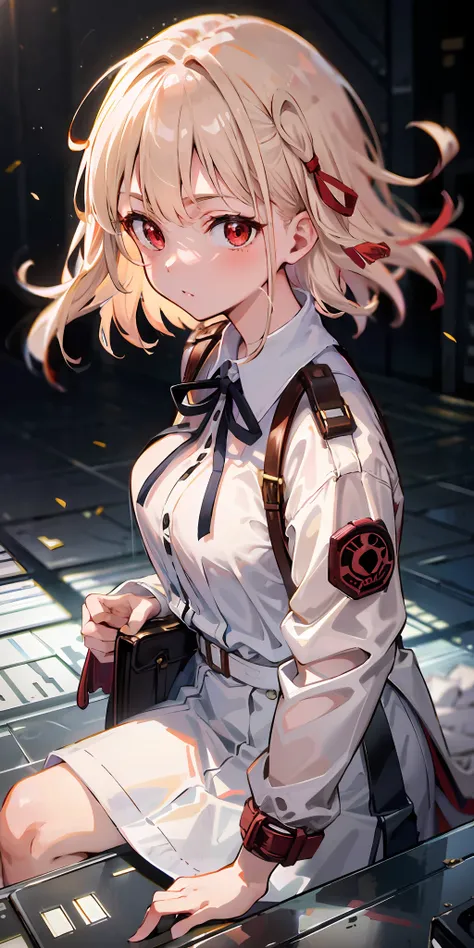 Absurd resolution, high resolution, (masterpiece: 1.4), super detailed, girl alone, from above, space, floating, platinum blonde, medium hair, red eyes
