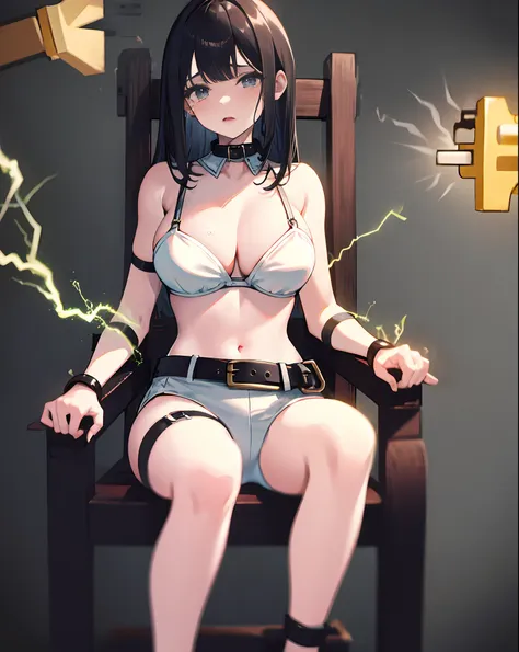 1girl,solo,white bikini, bondage,bdsm,restrained, sitting,chair,black hair,kashino,  huge breasts, , belt,collar, chest harness,...