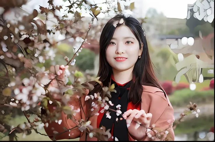 An Araki woman in a red coat and black scarf stands in front of a tree, Middle metaverse, xintong chen, Li Zixin, Yun Ling, song nan li, wenfei ye, chengyou liu, inspired by Ma Yuanyu, xision wu, cover photo portrait of du juan, Chinese woman, huifeng huan...