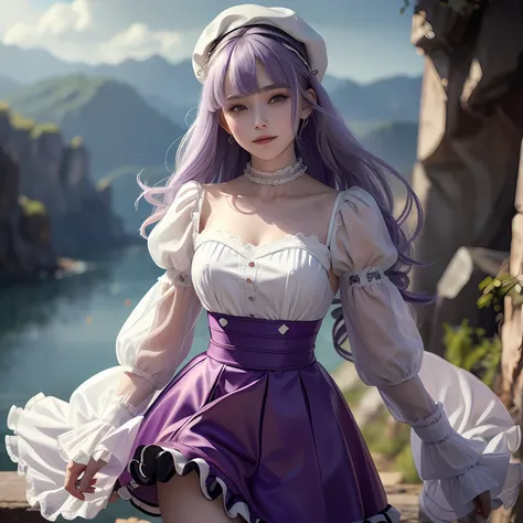 a garter belt, hair on one eye, Multiple girls, view the viewer, upper legs, Long sleeves, Hat, Braid, Holding, 1girll, Purple eyes, Breasts, letterboxed, frilld, By bangs,Closed mouth, Cross, Smile, Black Lolita, Long hair, white scrunchie, Puffy sleeves,...
