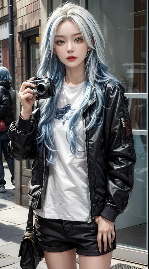 masterpiece, best quality,1 girl, solo, blue hair, long hair, tattoos, real, looking at camera, jacket,