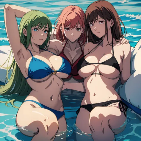 anime image of two women in bikinis laying on each other on a bed, two beautiful anime girls, anime girls, marin kitagawa fanart, is, swimsuit, big breast, both hand on back of the head,