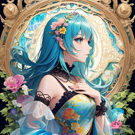 1 girl、(masterpiece、top-quality、top-quality、Beautifully Aesthetic:1.2)、(1girl in:1.3)、(Fractal Art:1.3)、Clothes with delicate patterns、Frame with geometric pattern、profile、Fine Platinum Floral Ornament、rainbow-colored hair、colorful backdrop、A sexy、Backgro...