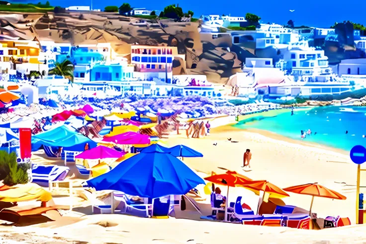 there are many people with umbrellas and chairs on the beach, greece, crowded beach, beach in the foreground, tourist destinatio...