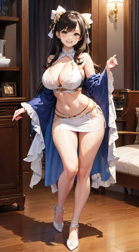 full body,(fidelity:1.4),(Big Chest:1.2)Super Hi-Res,Cute smile with mouth open and white teeth、cleavage,Outstanding details,Navel,the highest picture quality,