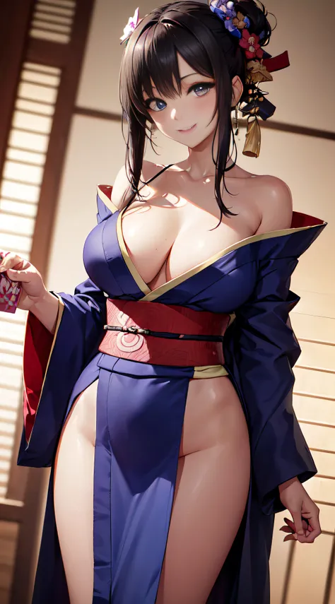 best qualityt、photorealestic、high - resolution、The girls 1 people、a woman、(Dents in the skin)、(Professional lighting)、(Kimono:1.74)、luxury、(((Big Chest、Narrow waist)))、(Girl looking at viewer one eye:1.54)、((Watching the viewer:1.6)) 、(is looking at the ca...