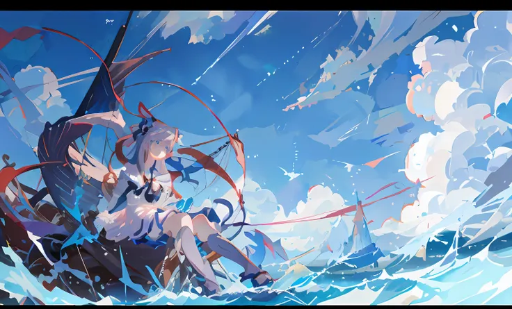 anime girl sitting on a boat in the sea holding a kite, zerochan art, cushart kenz, anime art wallpaper 8 k, cushart, style of a...