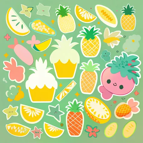 Individual stickers, white backgrounid, nothing background, simple backgound, dk, adolable, pastel colour, vectorstyle, no gradien,Refinement,pineapples,Pineapple elements。