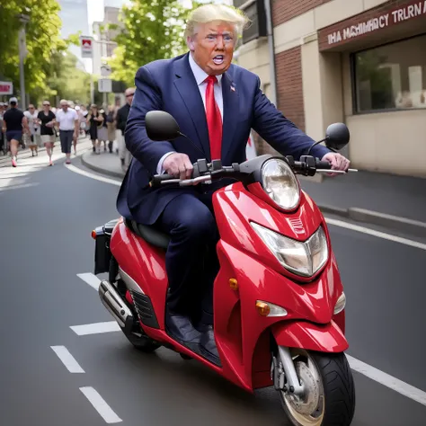 Donald Trump dressed as a drag Queen riding a scooter while blasting a machine gun