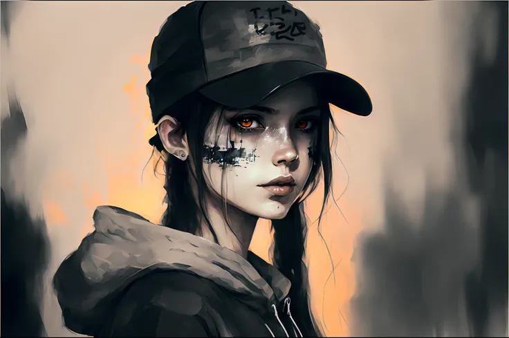Draw a woman wearing a baseball cap and face paint, Guviz-style artwork, the cyberpunk girl portrait, beautiful cyberpunk girl face, cyberpunk digital painting, 🤤 girl portrait, Digital cyberpunk anime art, urban girl fanart, cyberpunk anime girl, cyberpun...