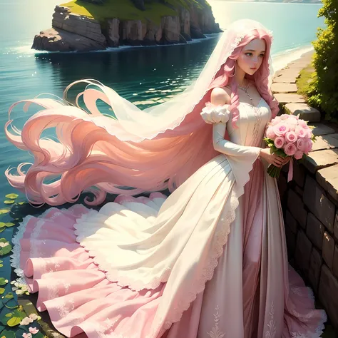 pink wedding dress，beautuful women，first love，long whitr hair，rays of sunshine，flower  sea --auto