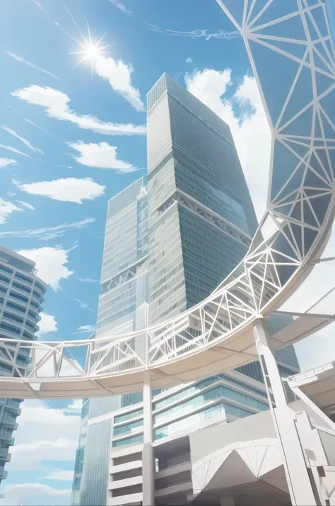 Arafatua in a skyscraper with a rotunda roof, with tall glass skyscrapers, skybridge towers, View from below, the building is a skyscraper, shot from a low-angle, low angle wide shot, View Up, View from bottom to top, shot from a low-angle, in a sunny day,...
