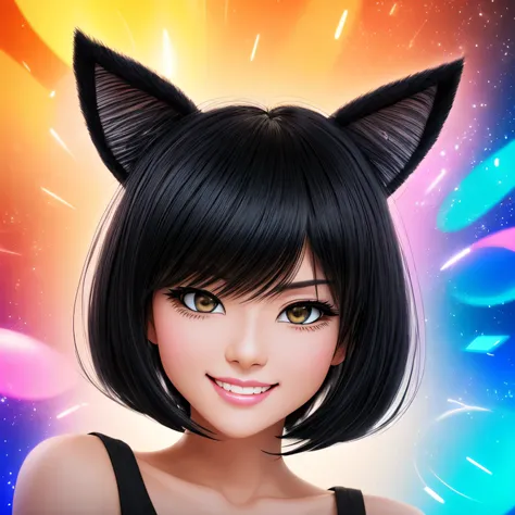 black hair, hair bobbles, wince, longeyelashes, solid circle eyes, fake animal ears, light smile, ear blush, fang, surrealism, d...