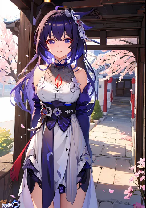 tmasterpiece，best qualtiy，anime girl wearing white dress，purple hair and purple belt, ayaka genshin impact, cute anime waifu in ...