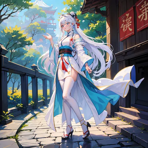 fanciful，tmasterpiece，best qualtiy，realistis，perfect works，hanfu girl，white color hair，hanfu，chinese ancient architecture，white ...