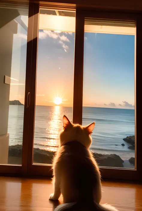 White puppet kitten，Watch the sunrise over the sea，high qulity，light and shadow effect，Vista back