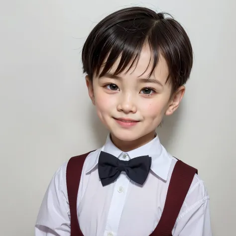 modern style, white background, chinese children's id photo, handsome, smiling boy, black eyes, flat head, bow tie