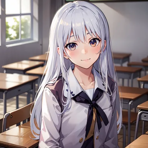 long whitr hair,White hair,Japanese schoolgirl uniform,hand behind back,staring right into camera,The upper body leans forward slightly,smiling expression,frontage,On the podium in the classroom,full bodyesbian,one-girl