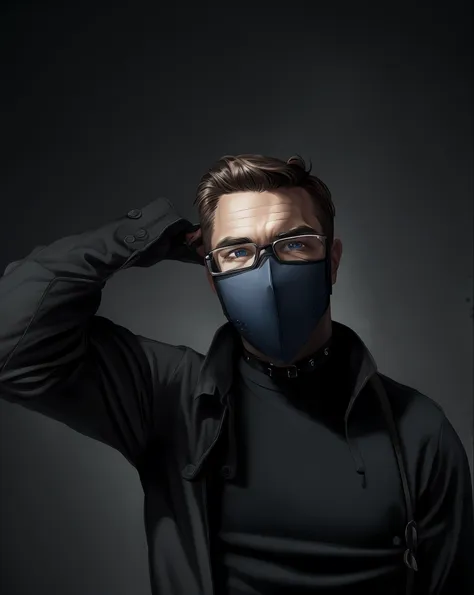 young male, choker, gloves, glasses, cute,facemask , blue eyes, collar, pierced, covered face, hd, super detailed, 4k, artistic