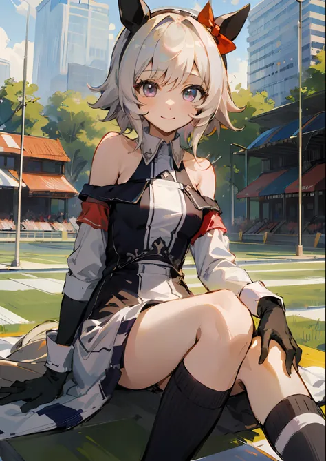 ((top-quality、masterpiece:1.3))、{{masterpiece}}、illustratio、top-quality、
Karen-chan (Umamusume), A smile, Park,Racing Wear、
Black and white vertical striped dress、bare shoulders、off shoulders、long-sleeve、Dresses with collar、gloves、low angles、frombelow、k...