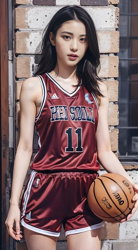 1girl in,basketball,red_basketball_uniform, black_eyes, black_hair, clothes_writing_10, holding_ball, jersey, s lips, shoulder-l...