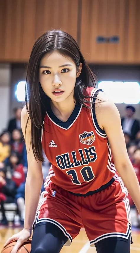 1girl in,basketball,red uniform, black_eyes, number 10, ball, jersey, s lips, shoulder-length hair realistic, 独奏,basket goal、