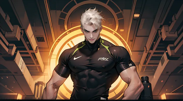 Best quality,a masterpiece of,Ultra-high resolution fills the picture,A gym with a black and yellow color scheme,Night indoor black and yellow background color scheme,Neon lights,Sports trends,A male,A muscle,Toned body,idol,Black sportswear,Liquid color m...