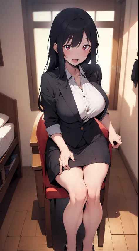 one woman,slategray skirt,lightslategray suit,white dress shirt,sexy pose,sitting in a chair,tiny breasts,tall of a person,gleam...