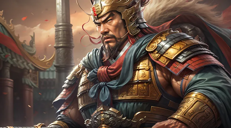 (10, bestquality, highres:1.1), (masterpiece:1.1), man, (chinese man:1.2), middle-aged, warrior, detailed eyes, facial hair, mus...