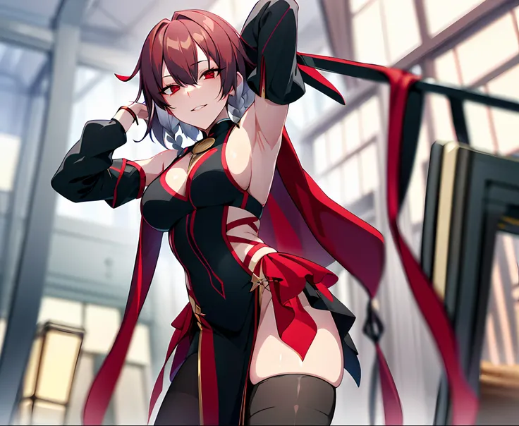As a tree, Masterpiece, unbelievable Ridiculous, Best quality, Arms up, 1girll, Solo, Daoyagao, Proud, Smug, Medium breasts, (Dark red hair and gray gradient hair:1.4), Hair over eyes, (Front braids:1.3), Light red eyes, Detailed eyes, (Earthpunk-style cos...