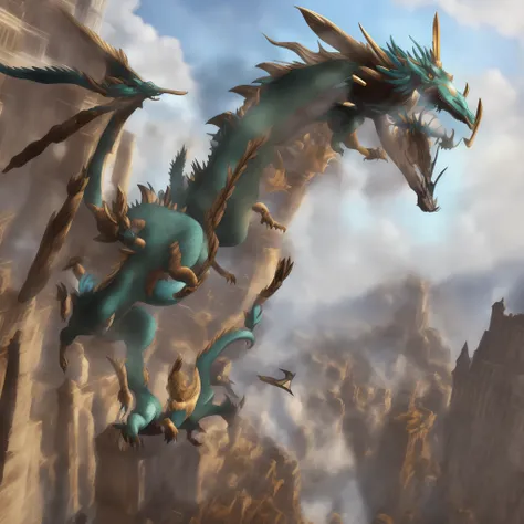 Mechanical wind four-legged wyvern,In flight,Large mechanical dragon horns,Stout mechanical dragon claws,giant mechanical wings,In the heart of Castle Square,Wind magic,It belongs to Digimon
