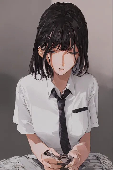 ((tmasterpiece, Best Quality))), ((独奏, 1girl)), ((redhead hair, black hair, multi-colored hair)), (white shirt, black necktie), Short Hair Hair, white pantyhose, Sits, very detail, photorealestic, photo realism, Surprised, Puzzled, Sad, Slightly blurry b...