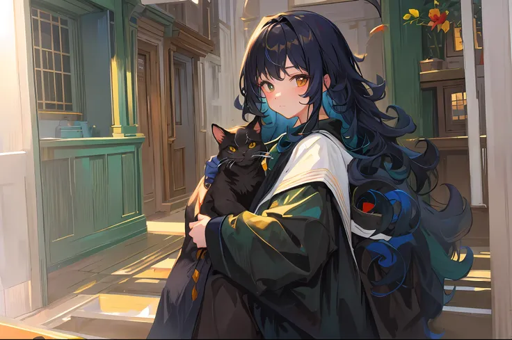 anime character with long black hair holding a cat in the doorway