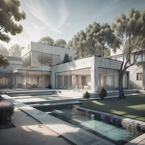 Organic modern architecture on a fairly large plot, from , there is a swimming pool in the middle of a large house of a flower, color of the house in chocolate brown and black beams, large modern residence, flat roofs and garden, render luxcore, render okt...