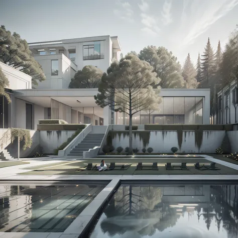 Organic modern architecture on a fairly large plot, from , there is a swimming pool in the middle of a large house of a flower, color of the house in chocolate brown and black beams, large modern residence, flat roofs and garden, render luxcore, render okt...