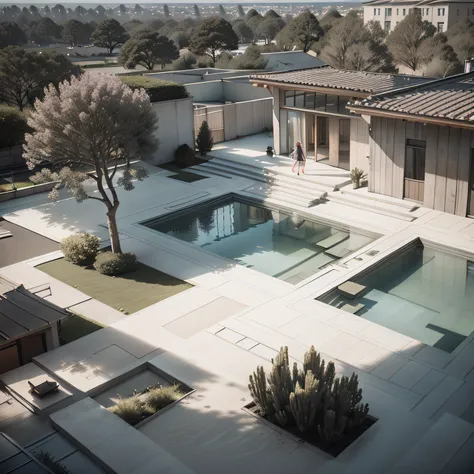 Organic modern architecture on a fairly large plot, from , there is a swimming pool in the middle of a large house of a flower, color of the house in chocolate brown and black beams, large modern residence, flat roofs and garden, render luxcore, render okt...