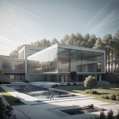 Organic modern architecture on a fairly large plot, from , there is a swimming pool in the middle of a large house of a flower, color of the house in chocolate brown and black beams, large modern residence, flat roofs and garden, render luxcore, render okt...