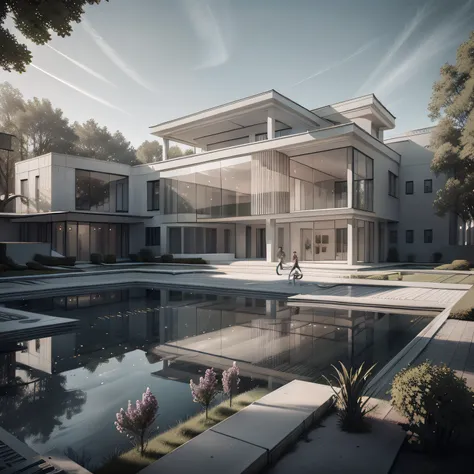 Organic modern architecture on a fairly large plot, from , there is a swimming pool in the middle of a large house of a flower, color of the house in chocolate brown and black beams, large modern residence, flat roofs and garden, render luxcore, render okt...