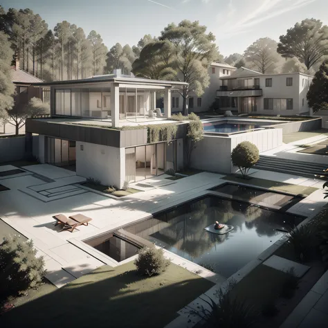 Organic modern architecture on a fairly large plot, from , there is a swimming pool in the middle of a large house of a flower, color of the house in chocolate brown and black beams, large modern residence, flat roofs and garden, render luxcore, render okt...