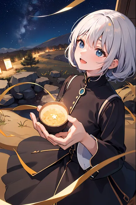 Top of the mountains,A woman full of excitement and a sense of accomplishment,night sky full of stars,Looking up at the starry sky,4K picture quality,8K picture quality,high-level image quality,Black clothes,jersey