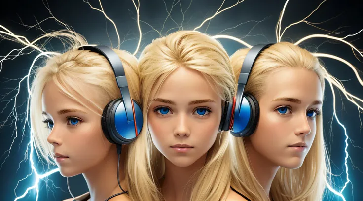 Blond-haired triplets,Headphones with lightning in the background,