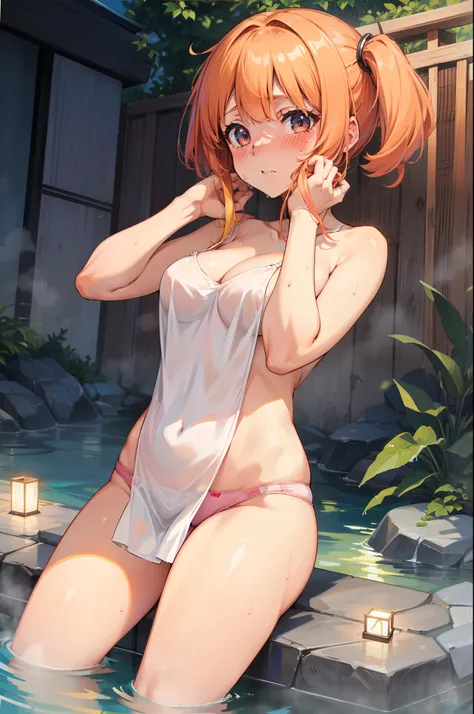 ultra small towel naked、wet and see-through、cute little、clear eyes、embarrassed look、red blush、tits out、cleavage of the breast、th...