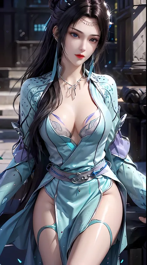 1 hot sexy beautiful girl in blue hanfu silk blouse, blue silk top with white pattern, white lace trim, purple black long ponytail, blue aura on the girls back, hair jewelry, ear jewelry, necklace and necklace, big blue eyes meticulously made up, thin eyeb...