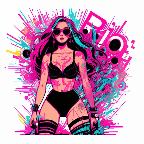Cyberpunk girl vector, (graffiti art)++, (by Carne Griffiths)++, Vector art, Squatting, Sunglasses, high heeled shoes, The perfect hourglass figure, Latex Bra, Red wall background, Insane details, Intricate details, hyperdetails, Low contrast, Soft cinemat...